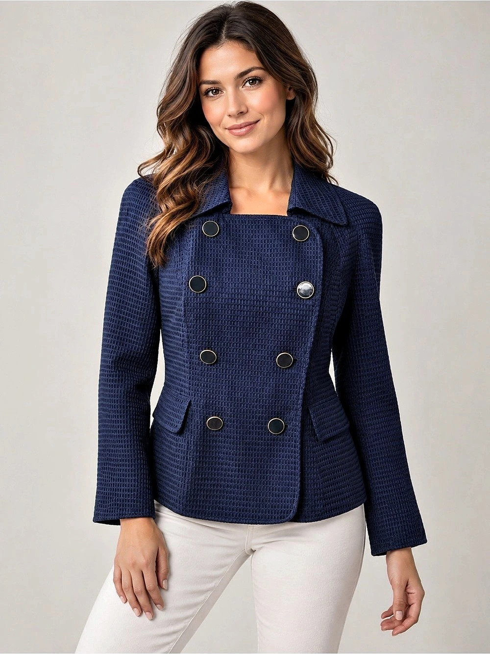 NWOT Vintage Talbots Navy Blue Cotton Waffle Knit Double Breasted Blazer Size 12